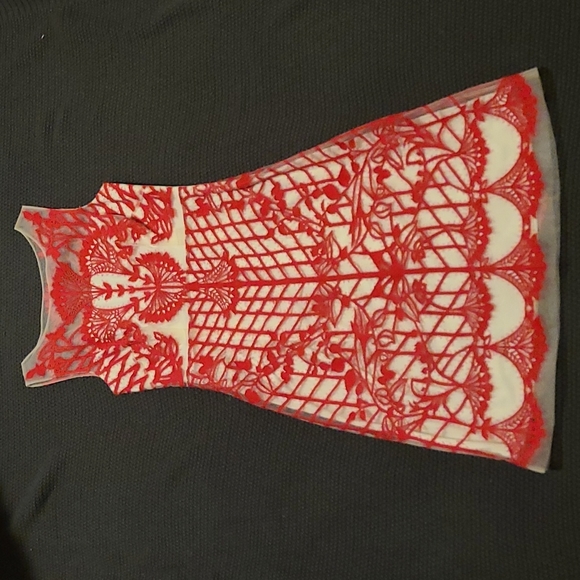 Geisha Designs size 2 red and cream embroidered and sheer dress - Picture 2 of 7